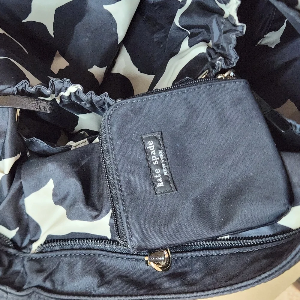 Kate Spade Diaper Bag Black With Black/ White Flower Lining W/Coin Purse